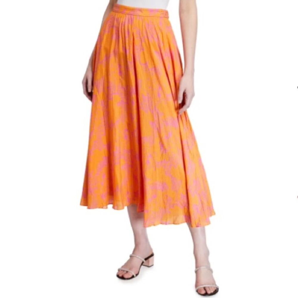 Tanya Taylor Jeana Floral Pleated Midi Skirt in Ikat Flower Orange Sz 12